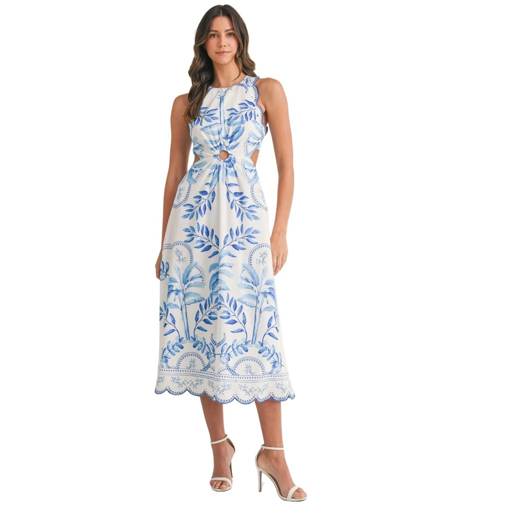 Blue & White Cutout Midi Dress with Botanical Print